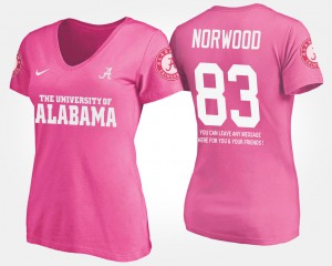 Alabama Roll Tide #83 For Women's Kevin Norwood T-Shirt Pink Embroidery With Message 124744-233